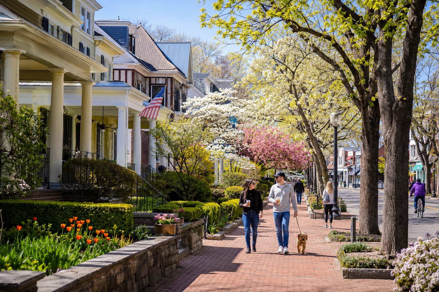 A couple walking their dog along a tree-lined brick sidewalk in a walkable Northern New Jersey neighborhood